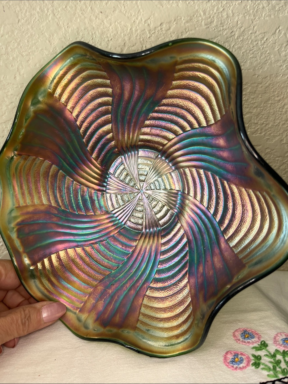 Vintage Fenton Carnival Glass Iridescent Ruffled Bowl 9” Rainbow Swirl Art Glass